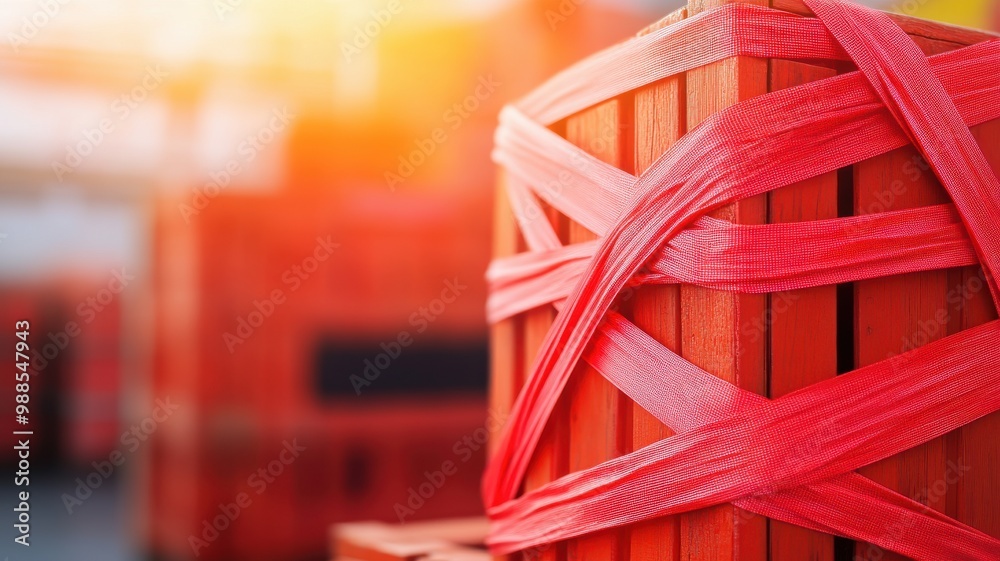 A tangled web of red tape wrapped around shipping crates A tangled web of red tape wrapped around shipping crates