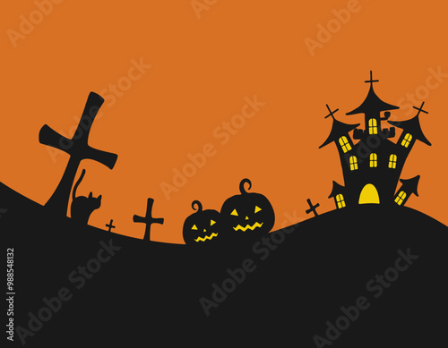 ハロウィン　かぼちゃお化け　お城　墓　猫　フレーム背景素材　オレンジ