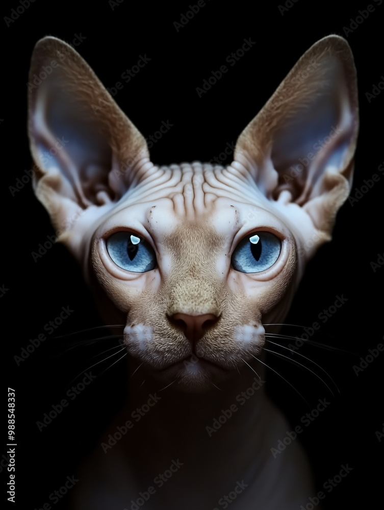 portrait of Canadian Sphynx cat frontal face on dark background