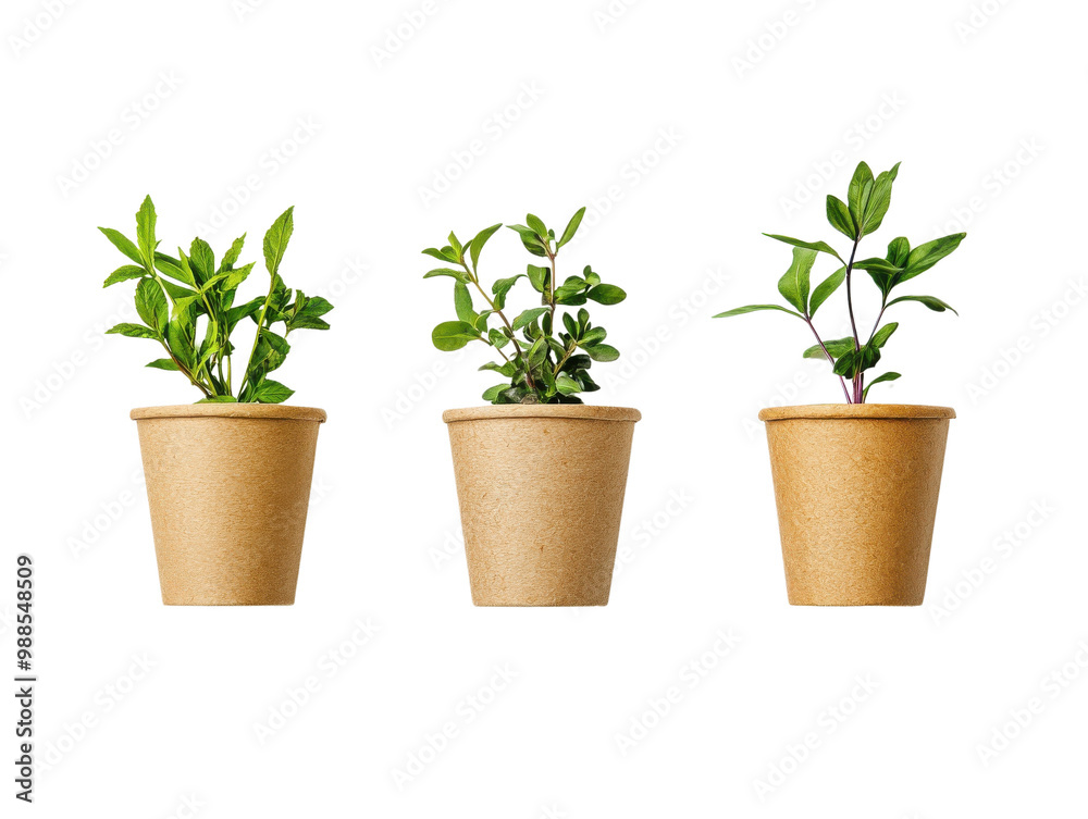 Three small green plants in eco-friendly pots, white isolate background. Three small green plants in eco-friendly pots, white isolate background.