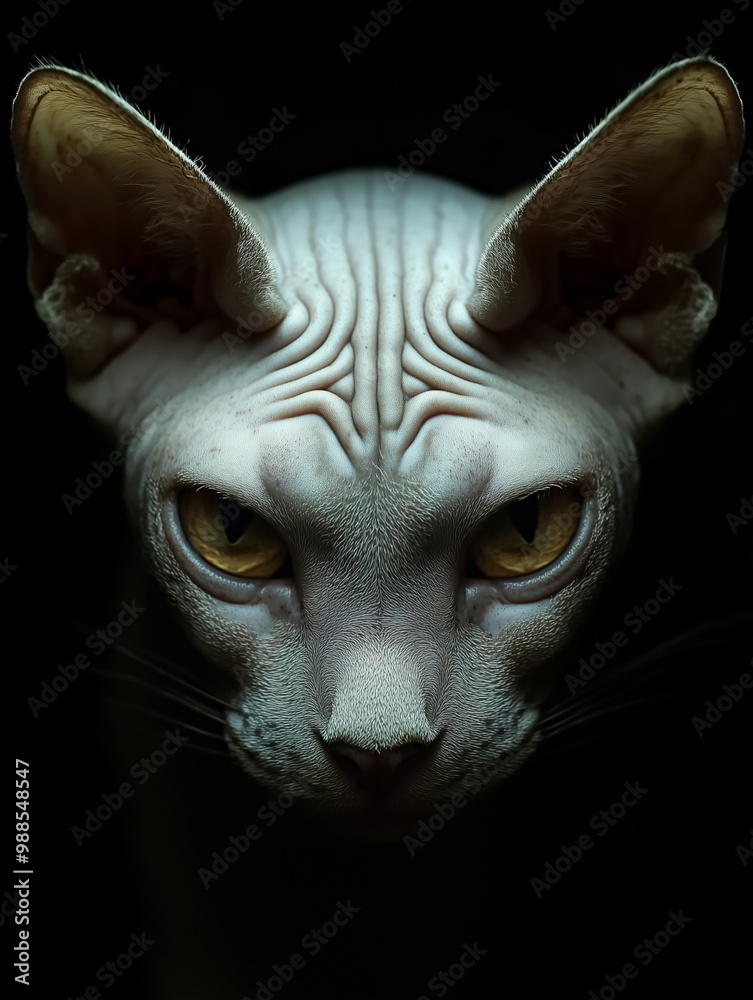 portrait of Canadian Sphynx cat frontal face on dark background portrait of Canadian Sphynx cat frontal face on dark background