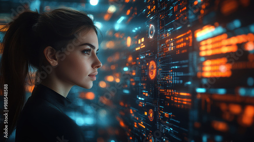 Wallpaper Mural Woman gazing at a glowing digital screen with orange elements, representing futuristic technology, AI, and advanced cyber intelligence in a data-driven world. Torontodigital.ca