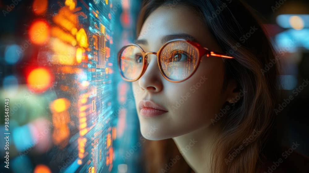 Woman with orange glasses looking at glowing digital screen. Futuristic technology, AI, and cyber intelligence innovation in a modern high-tech world.