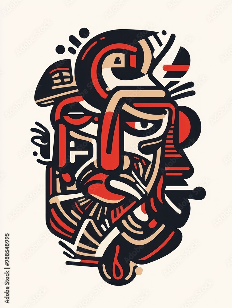 Abstract face illustration with geometric shapes in red, black and white. Abstract face illustration with geometric shapes in red, black and white.