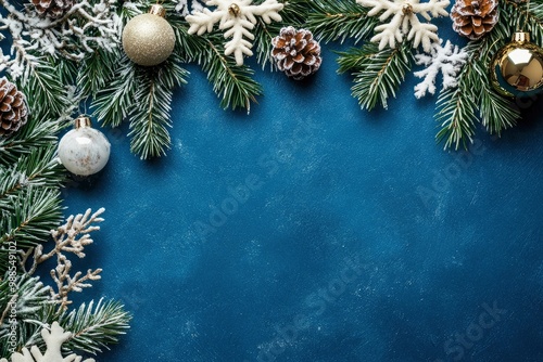 Christmas composition decor on a blue background , copy space with generative ai