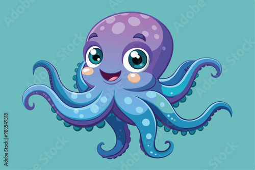 A friendly octopus smiles playfully with its vibrant colors in a lively underwater environment, a cartoon character Charming octopus