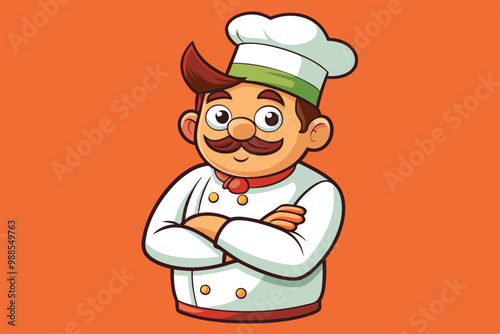 A cartoon chef poses confidently with crossed arms, showcasing his cheerful personality in a vibrant setting, a cartoon character Chef in a hat with crossed arm pose