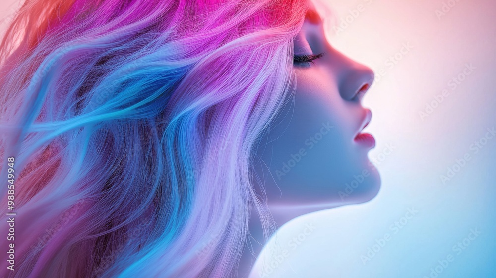 Image of a woman with flowing, pastel pink and blue hair. Image of a woman with flowing, pastel pink and blue hair.