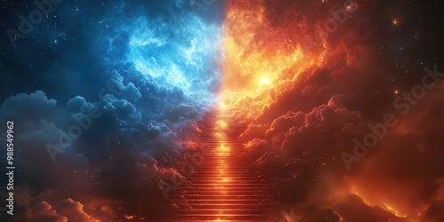 Dual pathways to heaven and hell, a staircase divides into a celestial light and fiery abyss, a battle of choices, copy space