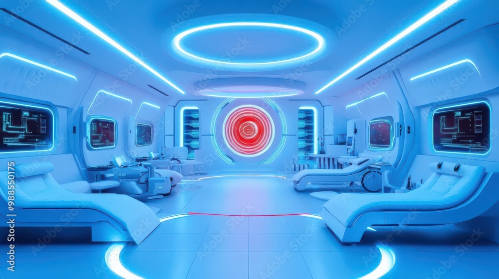 Futuristic lab with holographic displays, scifi, blue and white, digital rendering Futuristic lab with holographic displays, scifi, blue and white, digital rendering