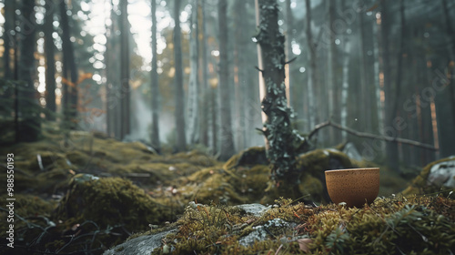 Nordic Forest Landscapes with beverage. Cacao, Coffee, Tea Aesthetic , 300 DPI