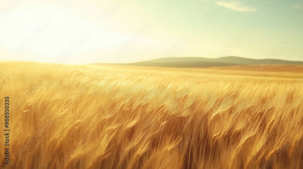 A vast golden wheat field sways under the warm glow of the setting sun. A vast golden wheat field sways under the warm glow of the setting sun.