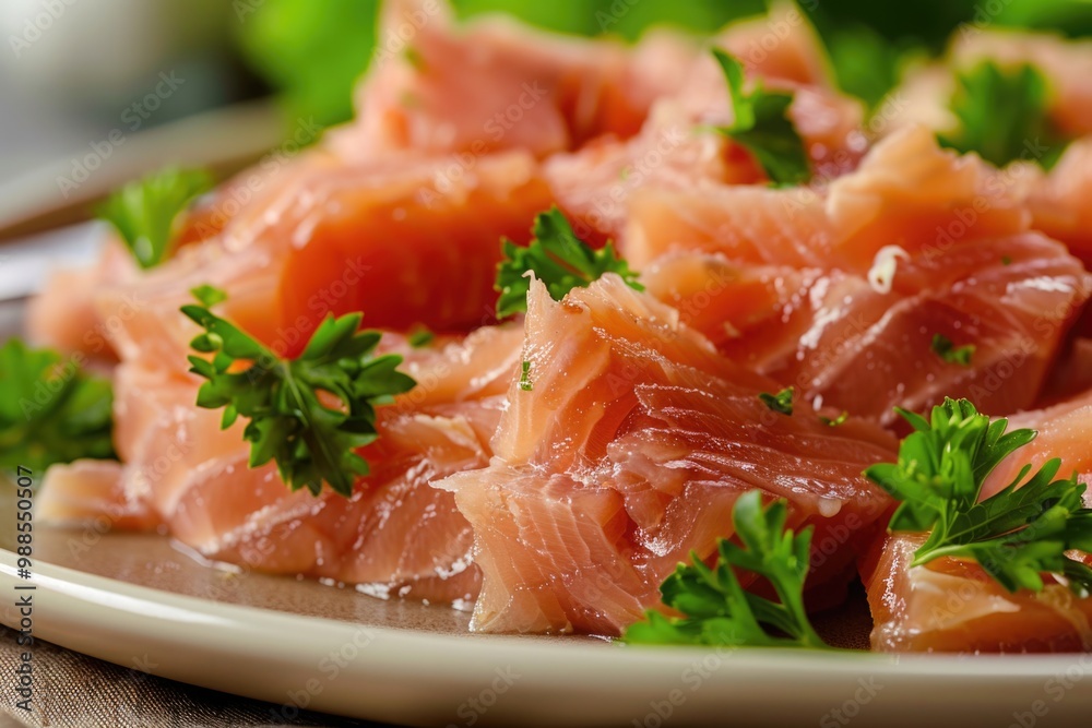 Can Tuna. Plate of Tasty Canned Tuna with Salmon and Parsley Garnish Can Tuna. Plate of Tasty Canned Tuna with Salmon and Parsley Garnish