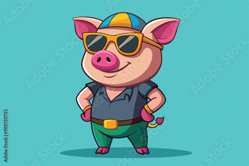 A stylish cartoon pig stands confidently with sunglasses and a playful cap against a vibrant backdrop, a cartoon character Cool Pig with sunglasses