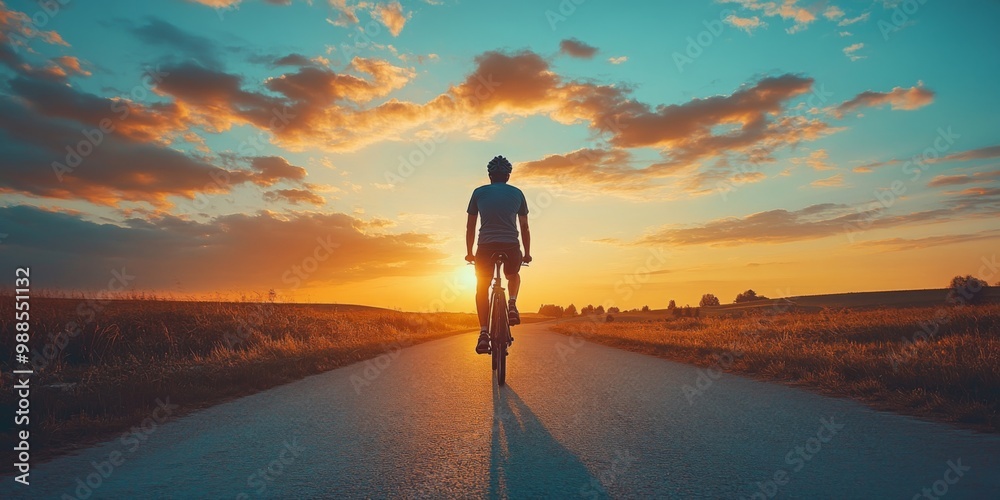 Back view silhouette shadow of a cyclist man riding a bike bicycle on asphalt road at orange twilight dusk sunset sky. Summer outdoor sport activity lifestyle, healthy male evening travel Back view silhouette shadow of a cyclist man riding a bike bicycle on asphalt road at orange twilight dusk sunset sky. Summer outdoor sport activity lifestyle, healthy male evening travel