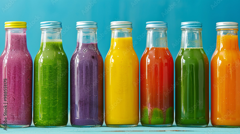 Recycled glass bottles filled with colorful smoothie soups. Eco-friendly juice bar scene. Recycled glass bottles filled with colorful smoothie soups. Eco-friendly juice bar scene.