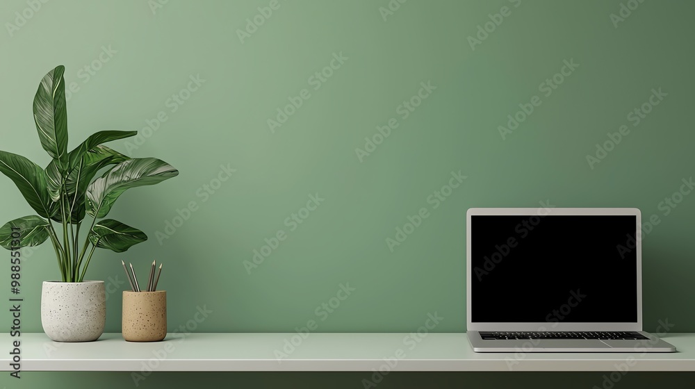 A stylish home office setup featuring a laptop, minimalist decor, and greenery against a calming green wall. A stylish home office setup featuring a laptop, minimalist decor, and greenery against a calming green wall.