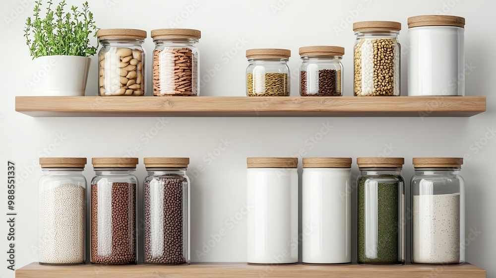 A stylish kitchen shelf filled with jars containing various spices and ingredients, enhancing organization and aesthetics. A stylish kitchen shelf filled with jars containing various spices and ingredients, enhancing organization and aesthetics.