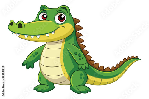 A friendly crocodile character poses happily with a big smile in a vibrant jungle, a cartoon character crocodile