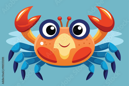 A vibrant cartoon crab smiles happily on a sunny beach with light waves in the background, a cartoon character Crab