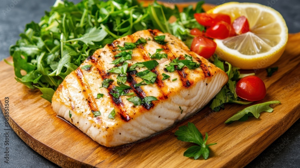 Grilled Salmon with Fresh Greens and Lemon Slice Grilled Salmon with Fresh Greens and Lemon Slice