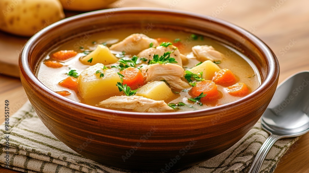 Warm Chicken Soup in Wooden Bowl with Fresh Vegetables Warm Chicken Soup in Wooden Bowl with Fresh Vegetables