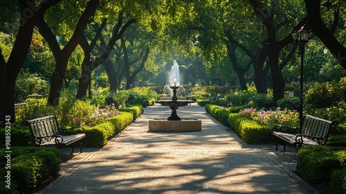 A quiet city park with manicured gardens, a fountain in the center, and paths lined with benches under tall, shady trees.