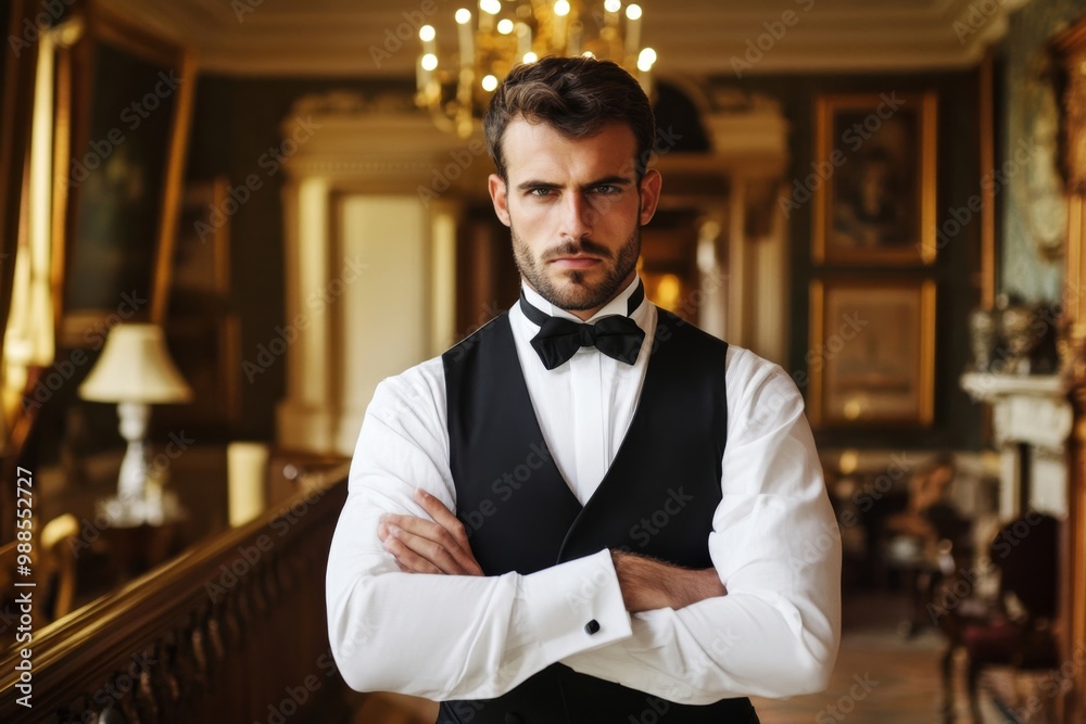 Elegant Man in Formal Attire with Arms Crossed in Luxurious Interior Setting Elegant Man in Formal Attire with Arms Crossed in Luxurious Interior Setting