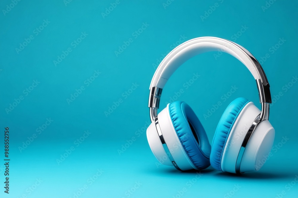 Modern White and Blue Headphones on a Vibrant Turquoise Background: Trendy Audio Gear and Music Concept Modern White and Blue Headphones on a Vibrant Turquoise Background: Trendy Audio Gear and Music Concept
