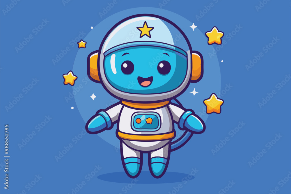 A cheerful astronaut character smiles while standing among sparkling stars in a vibrant blue space, a cartoon character cute astronaut mascot A cheerful astronaut character smiles while standing among sparkling stars in a vibrant blue space, a cartoon character cute astronaut mascot