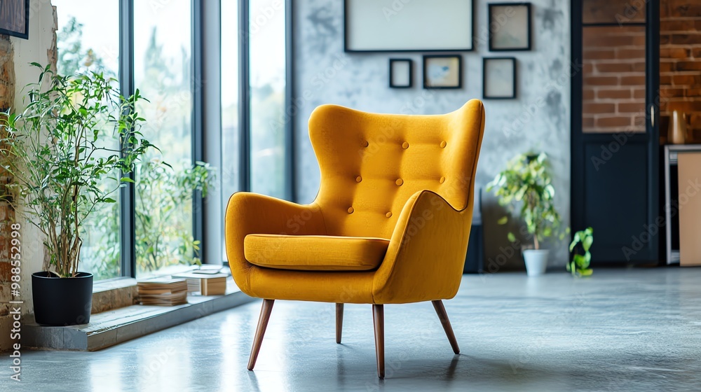 A yellow armchair in a modern living room. A yellow armchair in a modern living room.