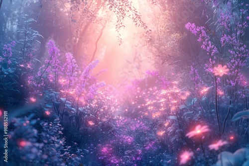 Mystical fairy garden with glowing plants, fantasy, pastel hues, digital painting