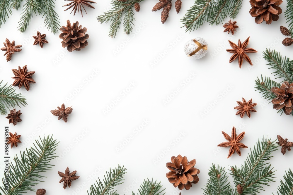 Christmas concept of branches with anise on white background. Flat lay, top view with generative ai Christmas concept of branches with anise on white background. Flat lay, top view with generative ai