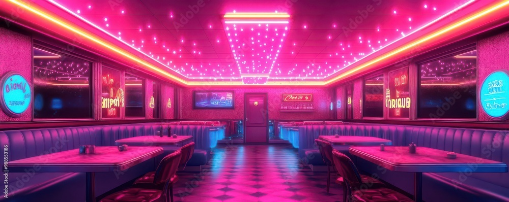 Retro diner with neon lights, pop art, vibrant colors, digital painting Retro diner with neon lights, pop art, vibrant colors, digital painting