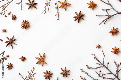 Christmas concept of branches with anise on white background. Flat lay, top view with generative ai
