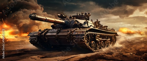 A massive armored tank is depicted charging into battle as explosions light up the fiery sky. The scene conveys power and destruction, symbolizing the might of modern warfare as the vehicle dominates