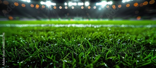 Macro image of bright green turf with fine details, the stadium lights creating a warm ambiance.