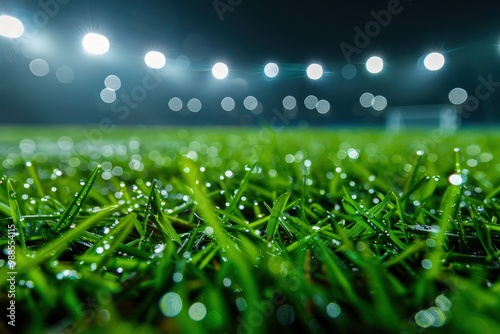 Macro image of bright green grass with morning dew, the stadium lights casting a gentle glow. photo