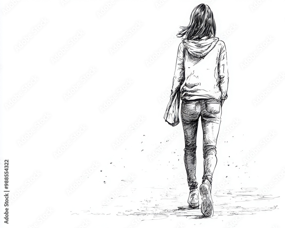 A sketch of a woman walking away in casual attire on a white isolated background. A sketch of a woman walking away in casual attire on a white isolated background.
