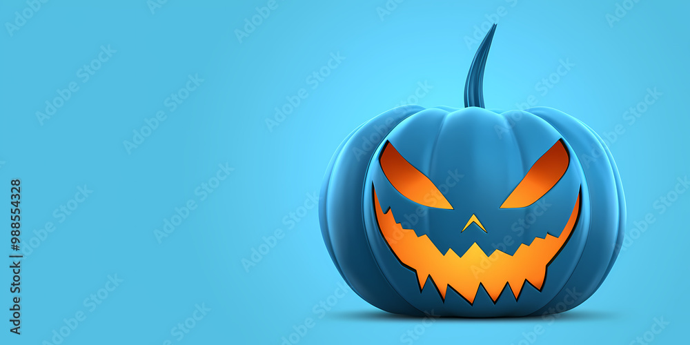 A blue jack-o'-lantern with an eerie grin sits against a bright blue background. A blue jack-o'-lantern with an eerie grin sits against a bright blue background.