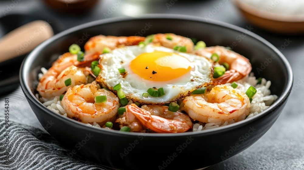 Delicious Shrimp Rice Bowl with Fried Egg and Green Onions Delicious Shrimp Rice Bowl with Fried Egg and Green Onions