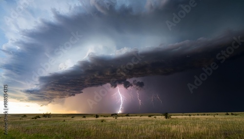 Supercell cloud thunder, lightning from super cell clouds, natural disaster, landscape photo, nature background