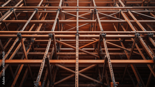 Close-up of scaffolding braces and crossbars, meticulously designed to distribute weight evenly across the structure, ensuring a safe environment for workers at elevated levels.