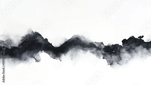 Abstract black ink landscape, artistic watercolor design, white isolated background