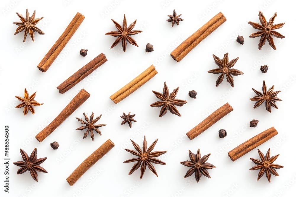 Christmas concept of branches with anise on white background. Flat lay, top view with generative ai Christmas concept of branches with anise on white background. Flat lay, top view with generative ai