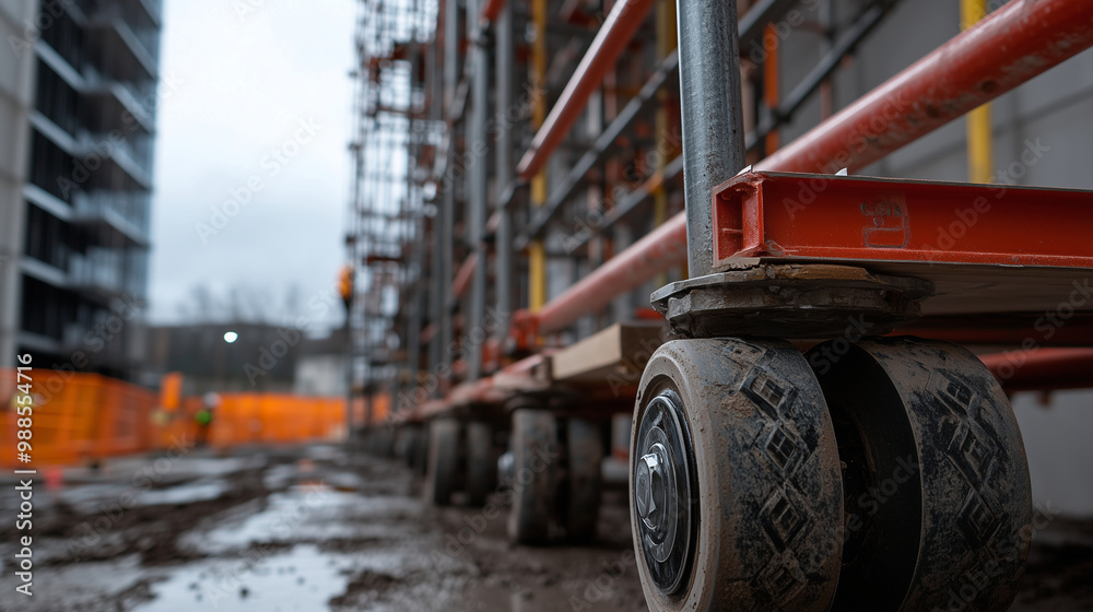 Detailed shot of scaffolding wheels, locked in place with heavy-duty ...