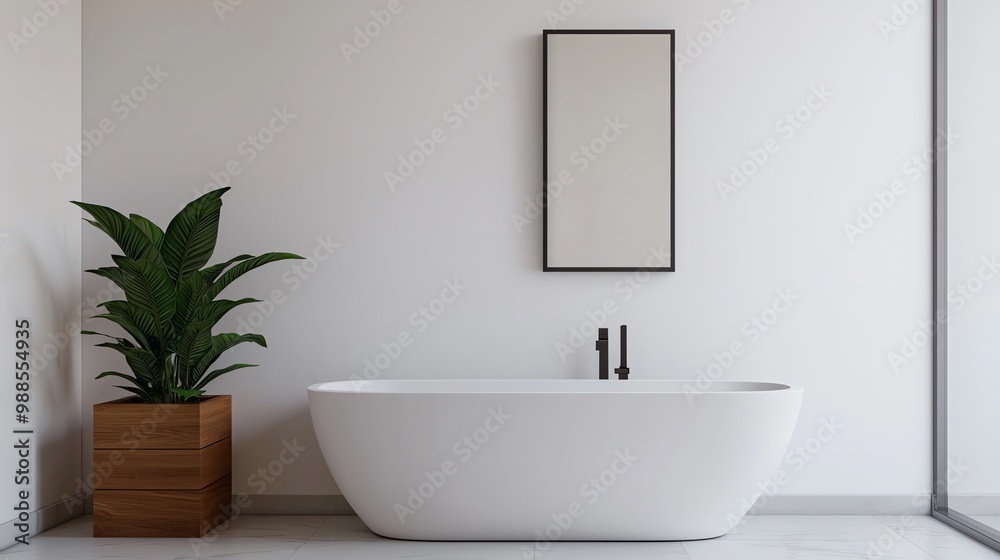 Modern bathroom featuring a sleek bathtub, minimal decor, and a touch of greenery for a relaxing atmosphere. Modern bathroom featuring a sleek bathtub, minimal decor, and a touch of greenery for a relaxing atmosphere.