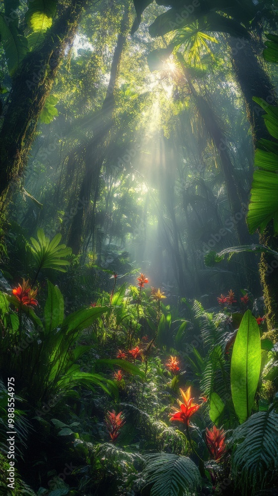 A vibrant tropical rainforest with towering trees, large ferns, and exotic flowers A vibrant tropical rainforest with towering trees, large ferns, and exotic flowers