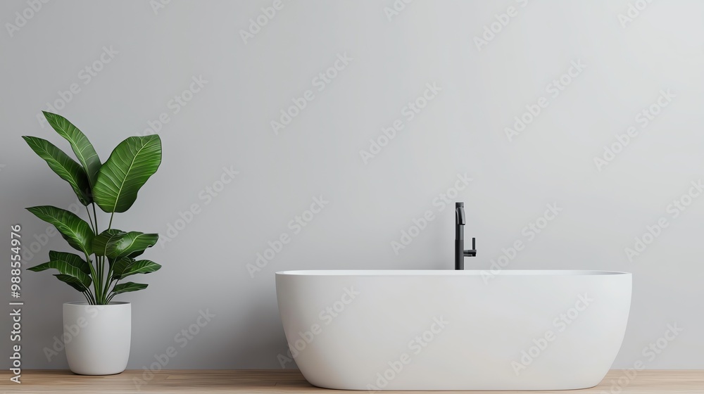 Modern bathroom featuring a sleek freestanding bathtub and a stylish plant in a minimalist setting for a relaxing ambiance. Modern bathroom featuring a sleek freestanding bathtub and a stylish plant in a minimalist setting for a relaxing ambiance.