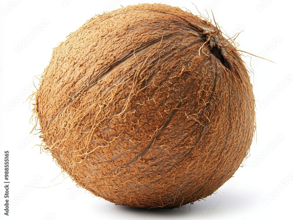 A whole coconut with a rough textured shell isolated on a clean white background. A whole coconut with a rough textured shell isolated on a clean white background.
